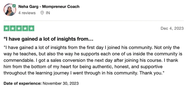 Screenshot of a member result: reviews