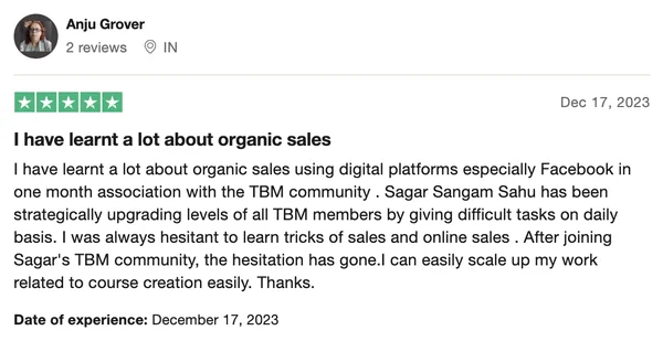Screenshot of a member result: reviews